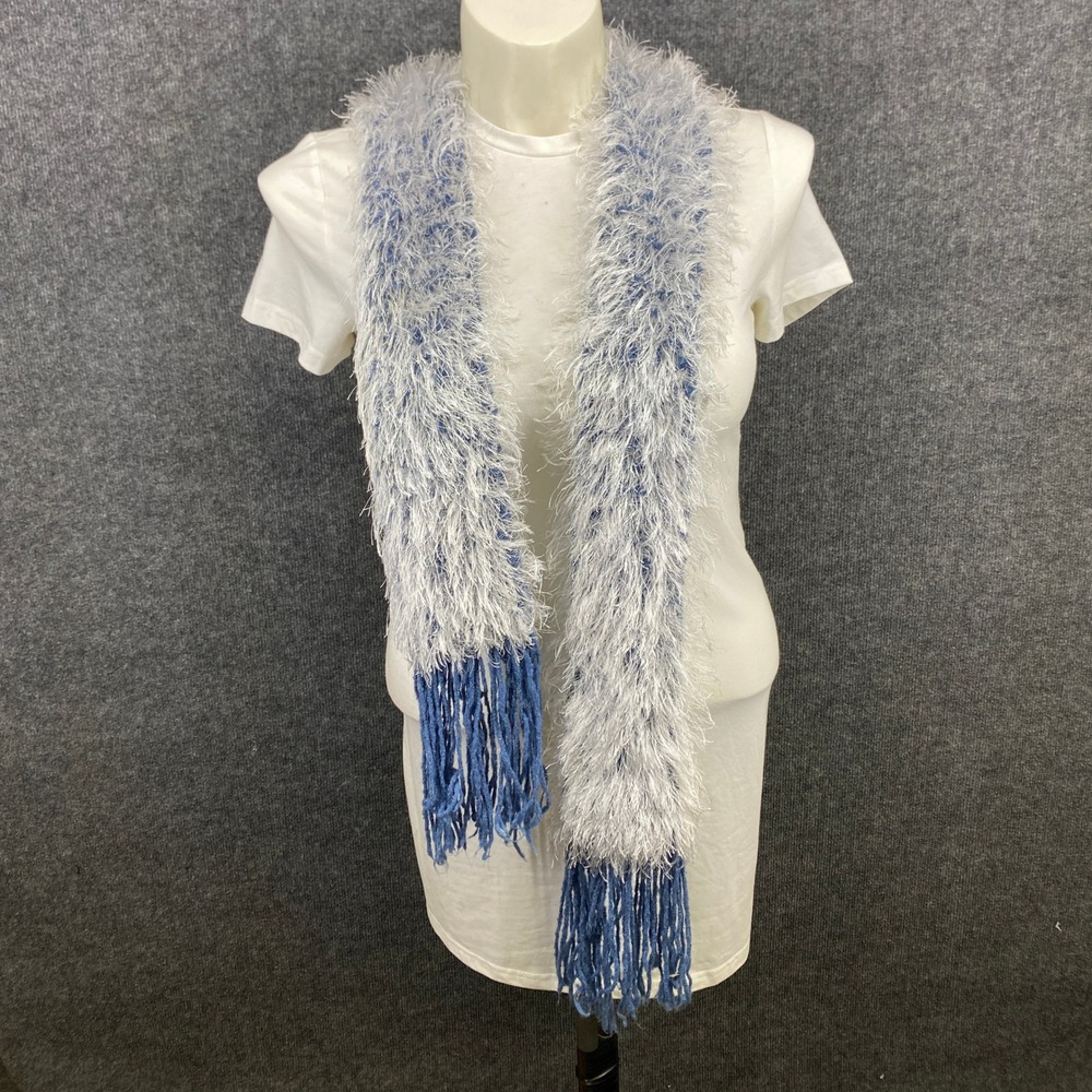 Handmade Blue White Fuzzy Eyelash Knit Skinny Scarf Shaggy Tassel Fringe